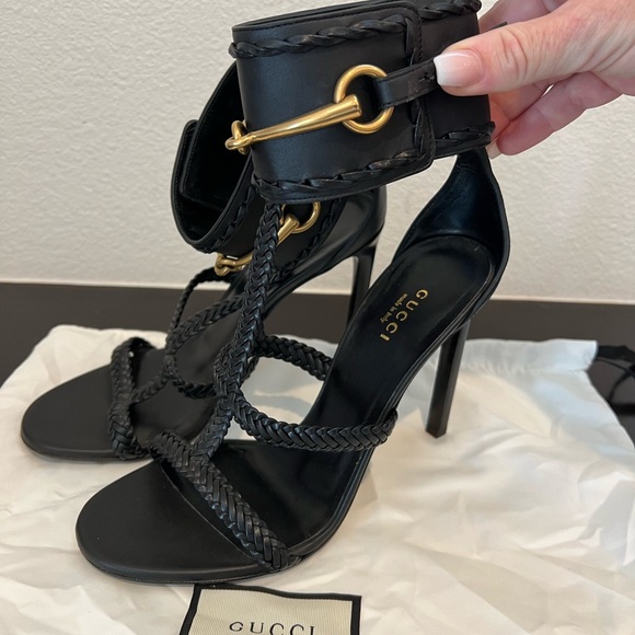 Gucci Black Leather & Gold Horse Bit Ankle Cuff Stiletto Heel Gladiator Sandal - Picture 4 of 15